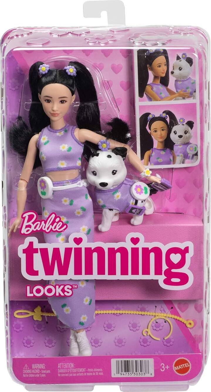 Barbie Twinning Looks Doll with Pet Dog in Matching Purple Daisy Clothes NWT